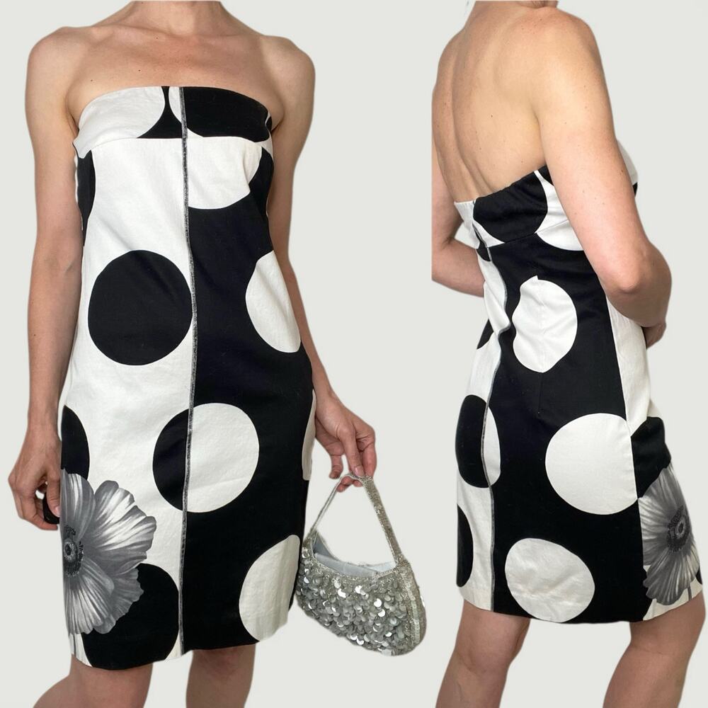 Cache strapless polka dot flower mini dress white black floral‎ vintage Y2K 4 - Picture 3 of 16